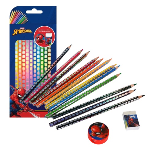 Kredki ołówkowe SPIDERMAN 12szt. Gumka Temperówka KIDS MV15958