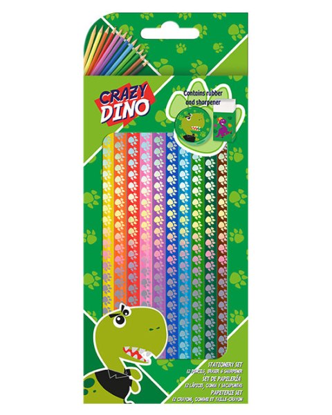 Kredki ołówkowe CRAZY DINO 12szt. Gumka Temperówka KIDS KL11121