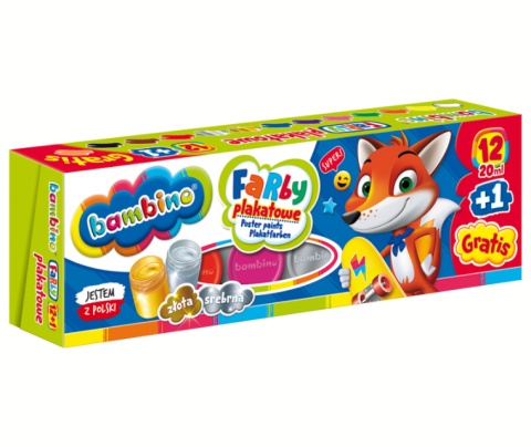 BAMBINO Farby Plakatowe 12 kolorów + 1 gratis Cielista 20ml MAJEWSKI 001581