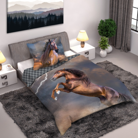 Pościel komplet KOŃ PIORUN Poszewka kołdra 140x200 + Poszewka poduszka 70x90 bawełna FARO Horses003Piorun