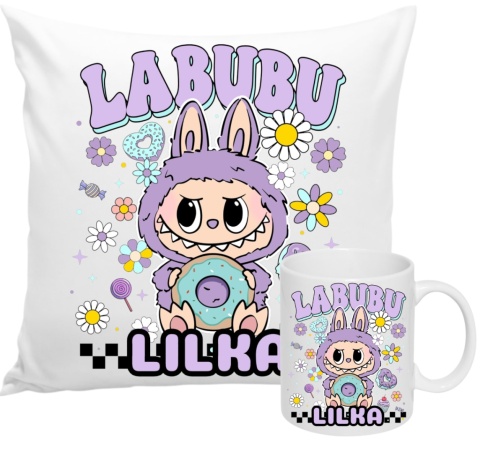 ZESTAW KUBEK I PODUSZKA LABUBU FIOLETOWY + IMIĘ PREZENT URODZINY