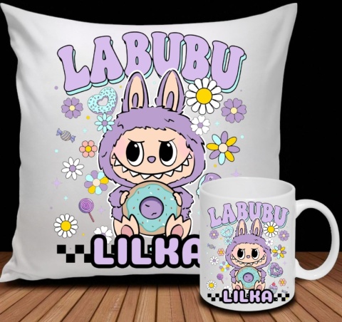 ZESTAW KUBEK I PODUSZKA LABUBU FIOLETOWY + IMIĘ PREZENT URODZINY