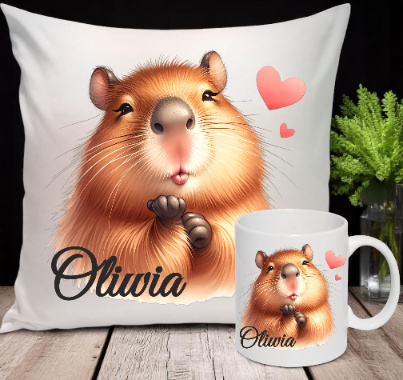 ZESTAW KUBEK I PODUSZKA CAPIBARA KAPIBARA PREZENT + IMIĘ wz5 Oliwia