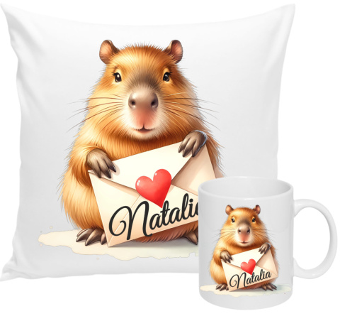 ZESTAW KUBEK I PODUSZKA CAPIBARA KAPIBARA PREZENT + IMIĘ wz6 Natalia