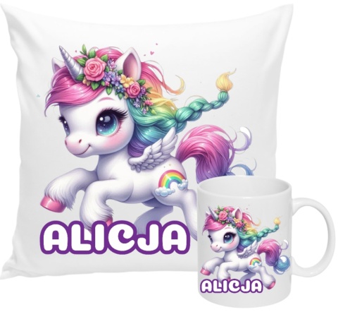 ZESTAW KUBEK I PODUSZKA JEDNOROŻEC + IMIĘ PREZENT URODZINY