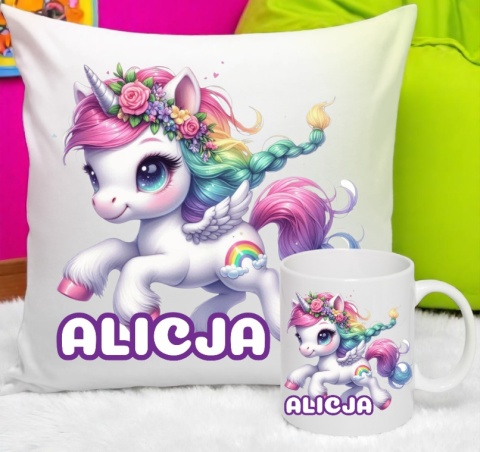 ZESTAW KUBEK I PODUSZKA JEDNOROŻEC + IMIĘ PREZENT URODZINY
