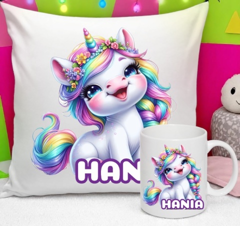 ZESTAW KUBEK I PODUSZKA JEDNOROŻEC + IMIĘ PREZENT URODZINY