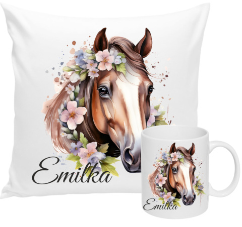 ZESTAW KUBEK I PODUSZKA KOŃ KONIE - PREZENT DLA JEŹDŹCA + IMIĘ wz1 EMILKA