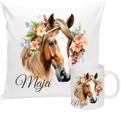 ZESTAW KUBEK I PODUSZKA KOŃ KONIE - PREZENT DLA JEŹDŹCA + IMIĘ wz12 Maja