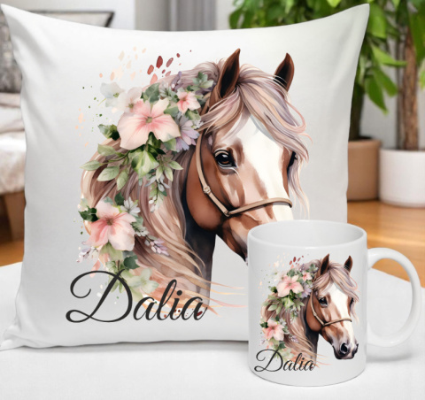 ZESTAW KUBEK I PODUSZKA KOŃ KONIE - PREZENT DLA JEŹDŹCA + IMIĘ wz4 Dalia