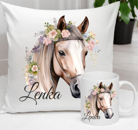 ZESTAW KUBEK I PODUSZKA KOŃ KONIE - PREZENT DLA JEŹDŹCA + IMIĘ wz5 Lenka