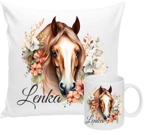 ZESTAW KUBEK I PODUSZKA KOŃ KONIE - PREZENT DLA JEŹDŹCA + IMIĘ wz6 Lenka
