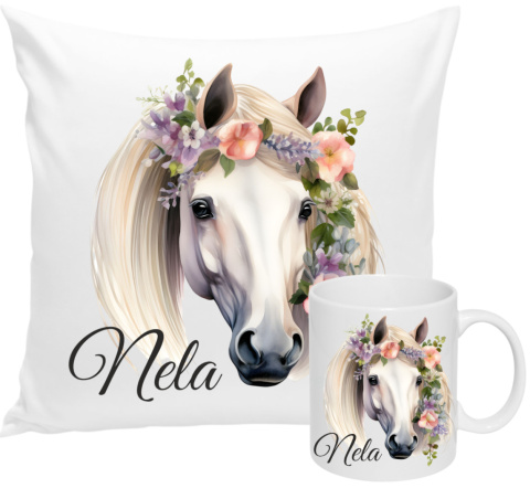 ZESTAW KUBEK I PODUSZKA KOŃ KONIE - PREZENT DLA JEŹDŹCA + IMIĘ wz7 Nela