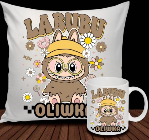 ZESTAW KUBEK I PODUSZKA LABUBU BRĄZOWY + IMIĘ PREZENT URODZINY