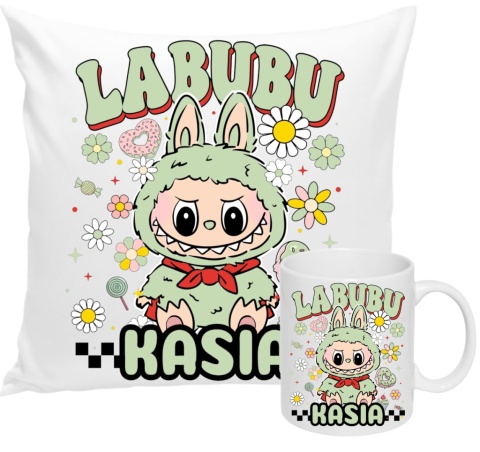 ZESTAW KUBEK I PODUSZKA LABUBU ZIELONY + IMIĘ PREZENT URODZINY