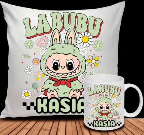 ZESTAW KUBEK I PODUSZKA LABUBU ZIELONY + IMIĘ PREZENT URODZINY