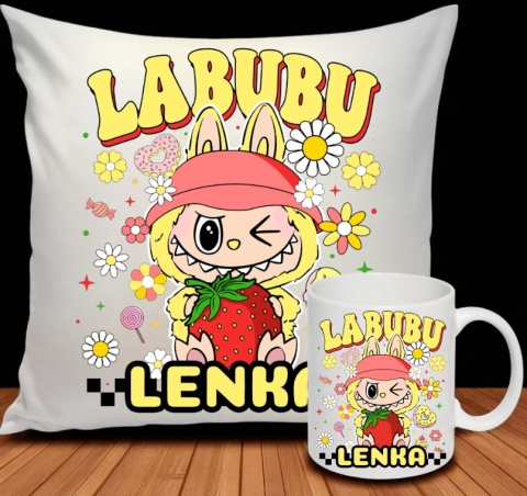 ZESTAW KUBEK I PODUSZKA LABUBU ŻÓŁTY + IMIĘ PREZENT URODZINY