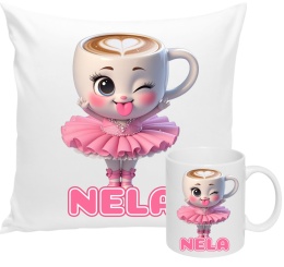 ZESTAW KUBEK I PODUSZKA BALERINA CAPUCINA + IMIĘ PREZENT URODZINY