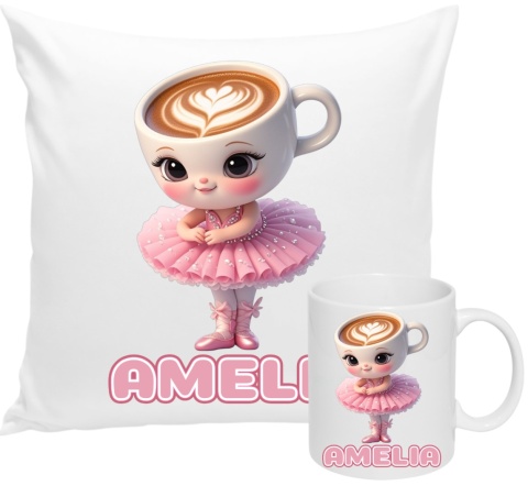 ZESTAW KUBEK I PODUSZKA BALERINA CAPUCINA + IMIĘ PREZENT URODZINY