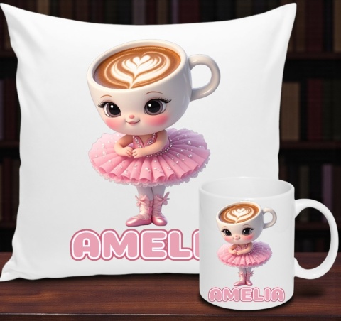 ZESTAW KUBEK I PODUSZKA BALERINA CAPUCINA + IMIĘ PREZENT URODZINY