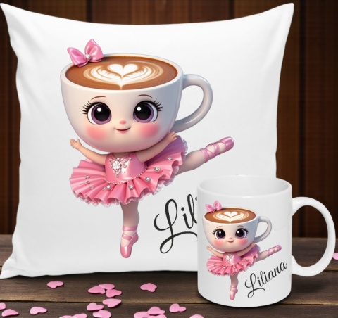 ZESTAW KUBEK I PODUSZKA BALERINA CAPUCINA + IMIĘ PREZENT URODZINY