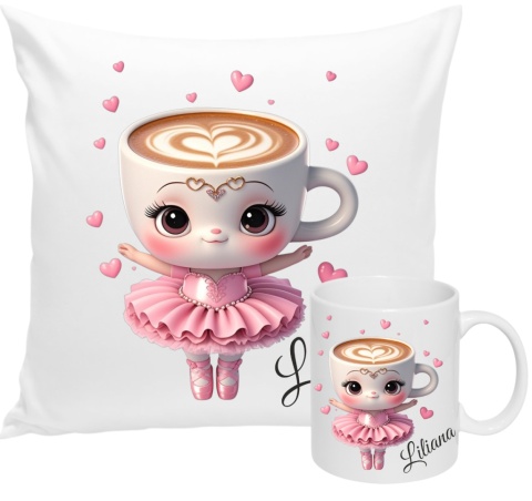 ZESTAW KUBEK I PODUSZKA BALERINA CAPUCINA + IMIĘ PREZENT URODZINY