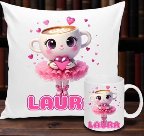 ZESTAW KUBEK I PODUSZKA BALERINA CAPUCINA + IMIĘ PREZENT URODZINY