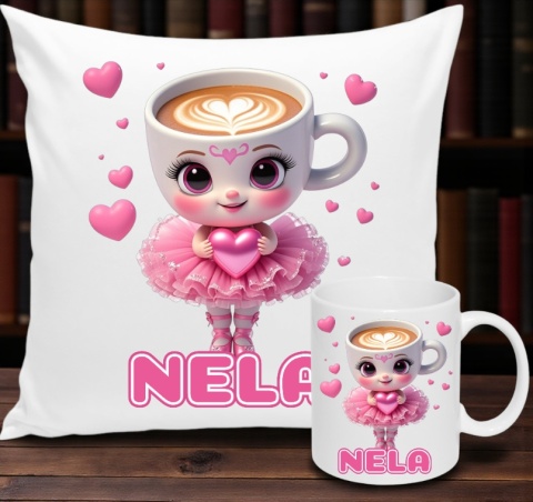 ZESTAW KUBEK I PODUSZKA BALERINA CAPUCINA + IMIĘ PREZENT URODZINY