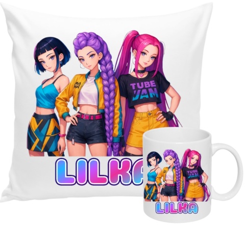 ZESTAW KUBEK I PODUSZKA HUNTRIX K-POP + IMIĘ PREZENT URODZINY