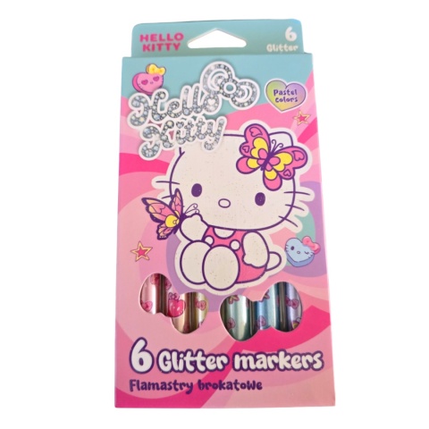 FLAMASTRY HELLO KITTY brokatowe 6 szt grube pastelowe szkolne