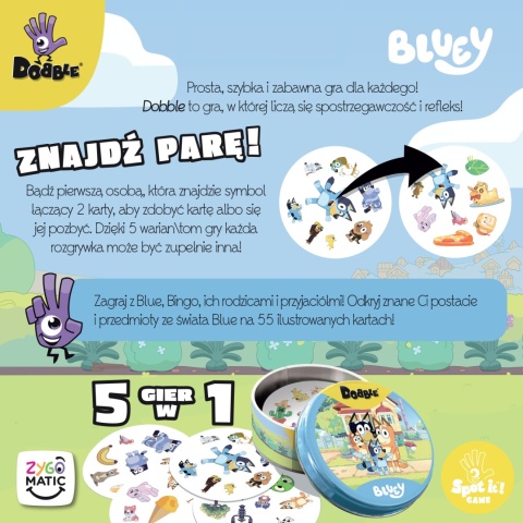 DOBBLE BLUEY GRA KARCIANA 55 KART Gra dla dzieci Rodzinna Znajdź parę