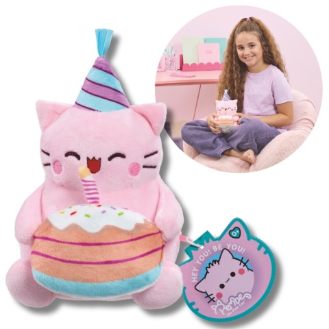 PEMBE THE PINK CAT pluszowa kotka 15 cm maskotka urodzinowa z tortem
