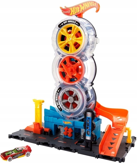 HOT WHEELS WARSZTAT OPON tor samochodowy garaż z windą i zjazdem Autko