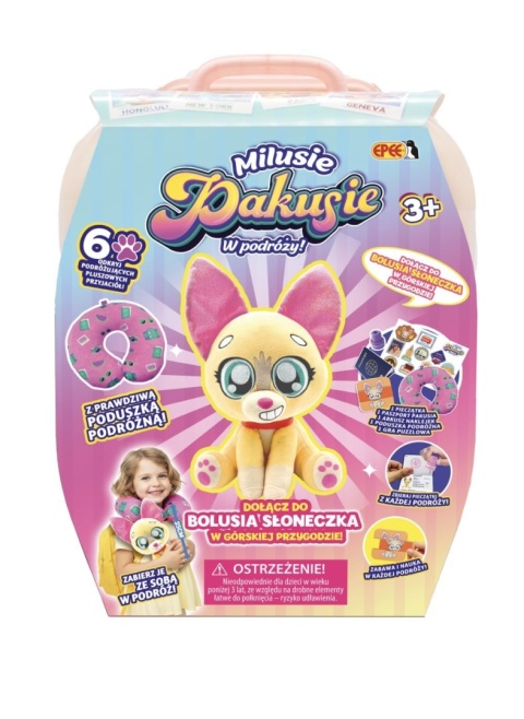 MILUSIE PAKUSIE W PODRÓŻY Boluś Słoneczko walizka pluszak poduszka podróżna